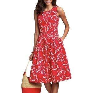 Talbots Dress Fit & Flare Floral A-Line Swing Dress Rose Silhouette Red White 2